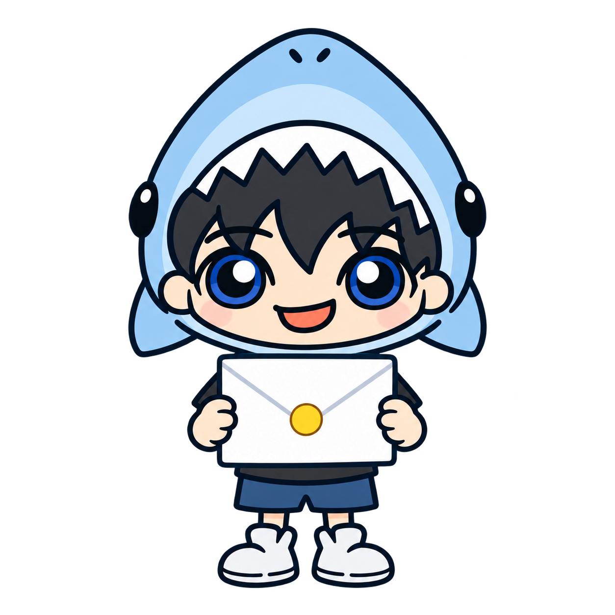 教材の案内を入れた封筒を届けるサメ野郎くん。