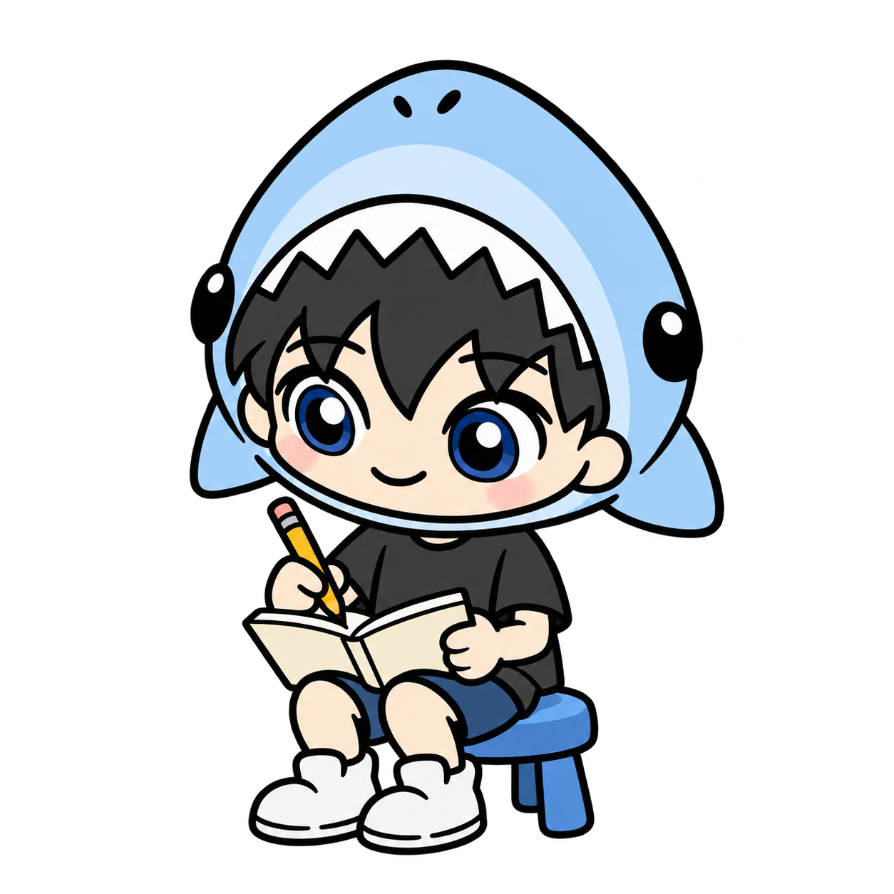 ノートに企画を書きながら、届けたい思いを考えるサメ野郎くん。