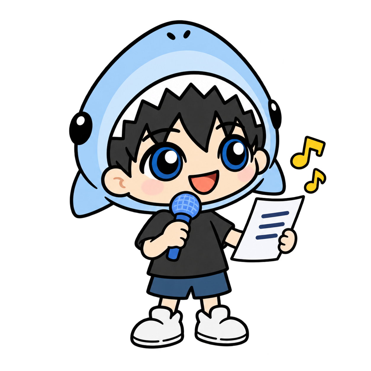 音符に囲まれ、歌詞と曲を楽しそうに作るサメ野郎くん。